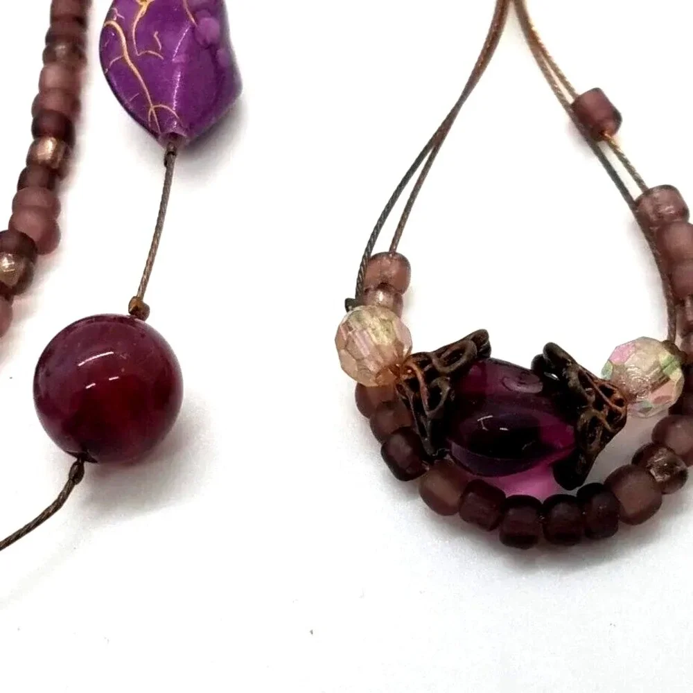 Purple Beaded Necklace‎ Earrings Set Bronze Tone Cross Key Heart Charms Women